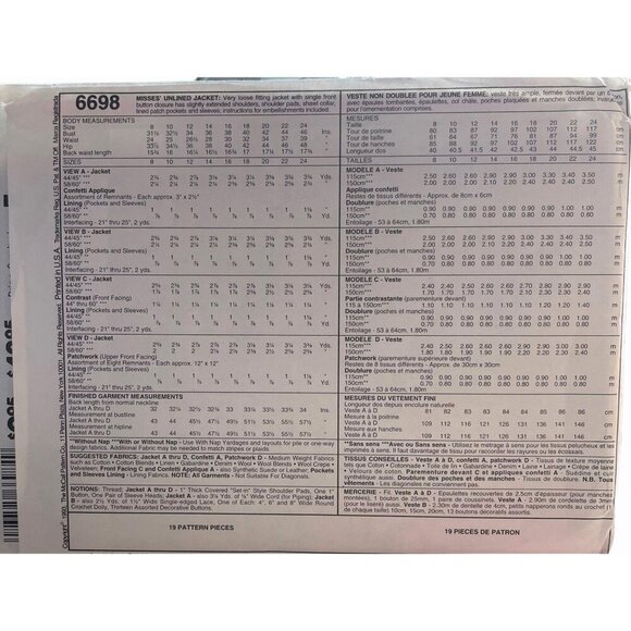 McCalls 6698 Misses Unlined Jacket Sewing Pattern Size 12 - Picture 2 of 2